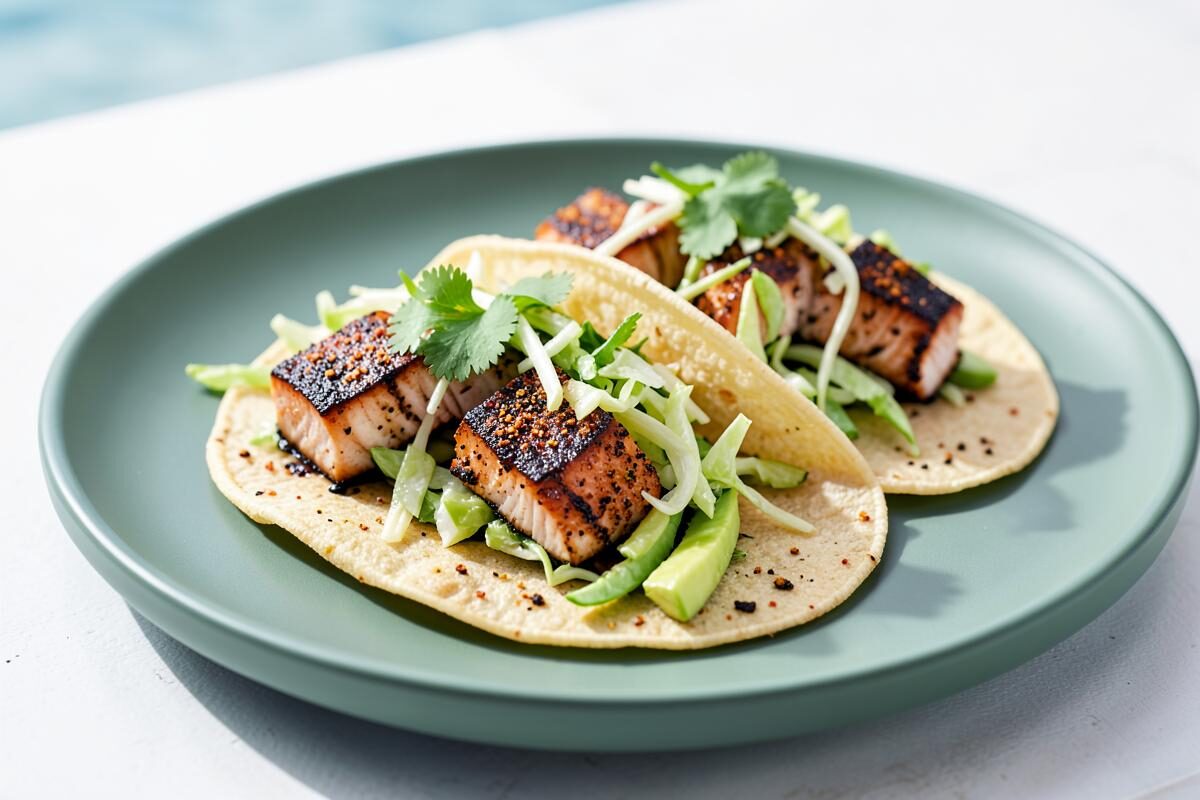 Blackened Salmon Tacos with Slaw