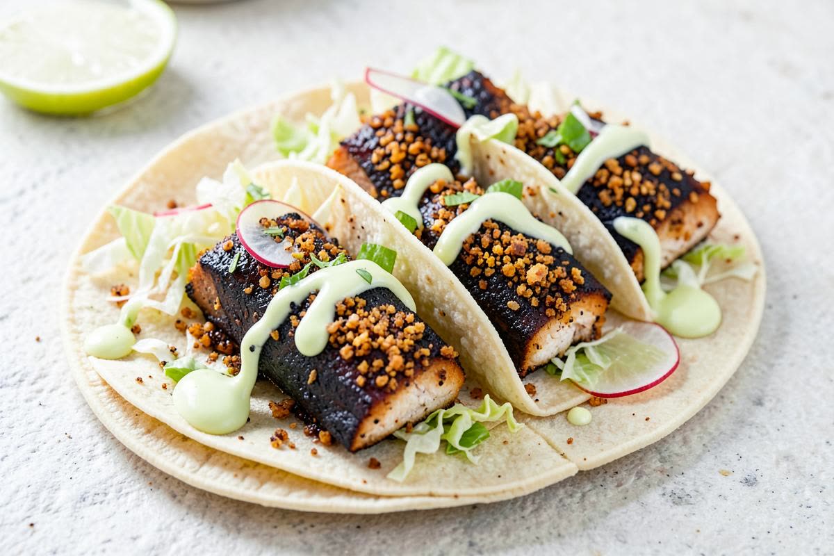 Blackened Cod Tacos with Lime Crema